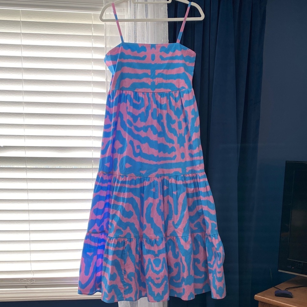 Sheridan French Blue and Pink Spaghetti Strap Tiered Cotton Midi Dress